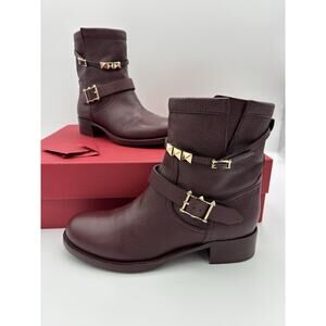 Valentino Rockstud Accent Moto Boots Rouge Absolute Burgundy Size 39.5 / 9.5